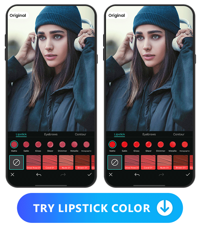 a woman with headphone photo applied with different lipstick color image and applied with different lipstick texture image side by side